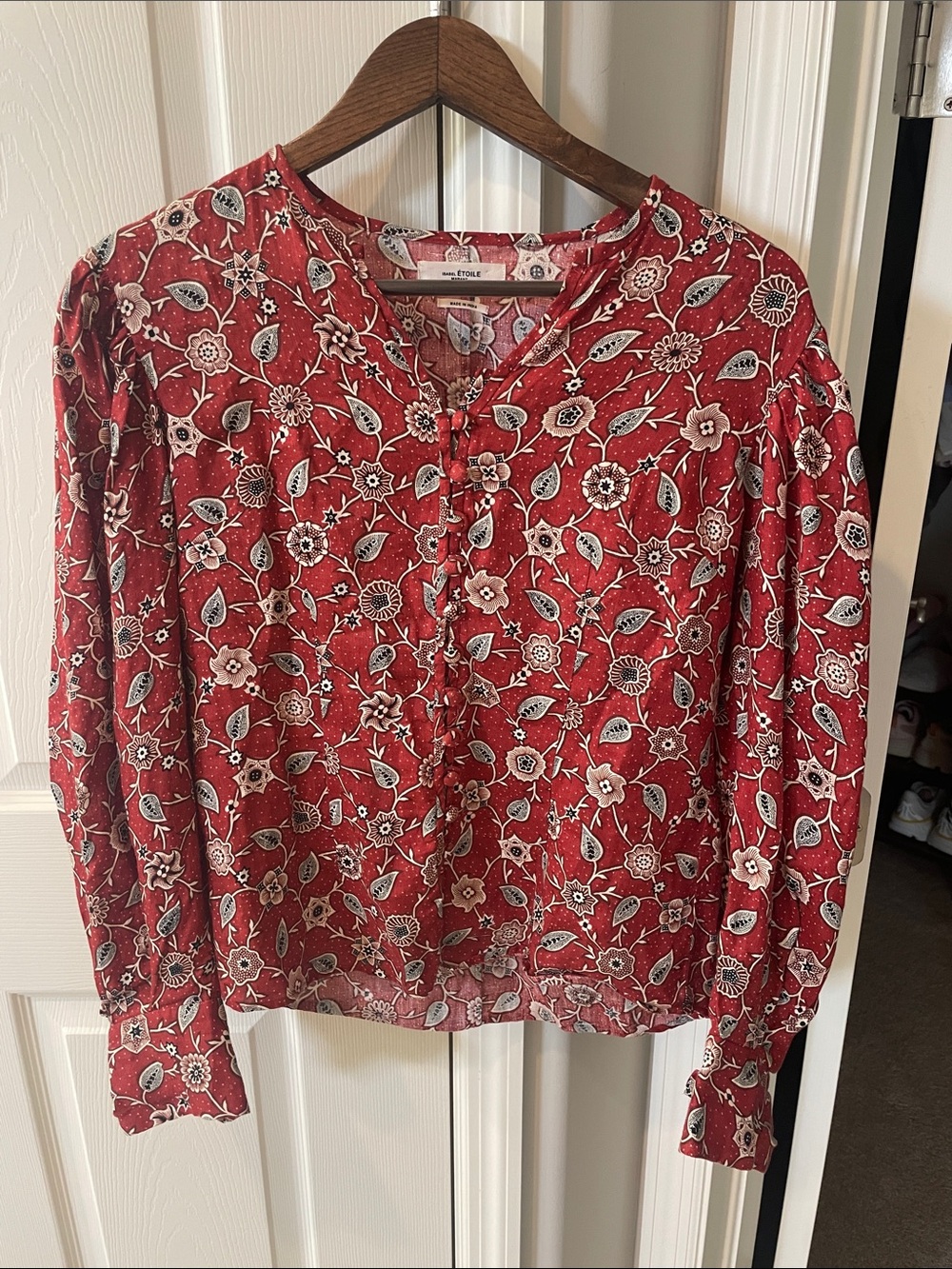 Isabel Marant Red Floral Button-Front Blouse 100% linen